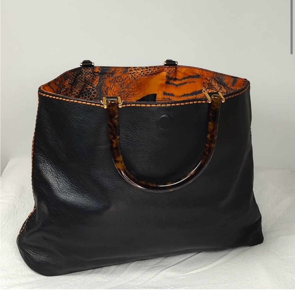 Plinio Visona Black Leather Tote Satchel NWOT Tortoiseshell Handles Y2K